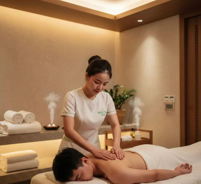 Terapis wanita heritage spa dalam layanan pijat tradisional di kamar hotel